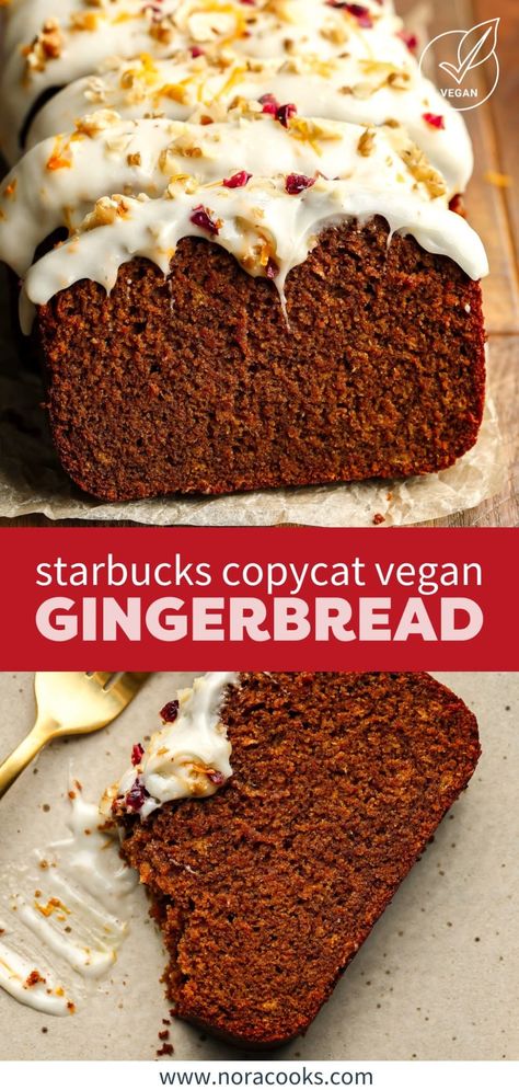 This spiced vegan Gingerbread Loaf with cream cheese icing tastes just like the holidays! Light, fluffy, and with a wonderfully warming gingerbread flavor, this is a must-have treat for the holiday season and it's so easy to make. Vegan Sweet Bread, Vegan Loaf Recipes, Vegan Xmas Cookies, Vegan Holiday Treats, Vegan Quick Bread, Vegan Gingerbread Loaf, Gingerbread Banana Bread, Nora Cooks, Vegan Xmas