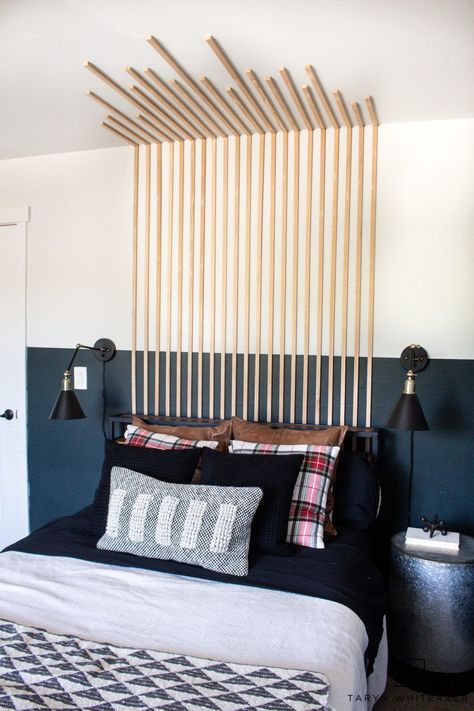 Add dimension to your bedroom with this Vertical Slat Wall that also works as a DIY headboard! Easy bedroom DIY. Modern Lodge Bedroom, Vertical Slats Wall, Lodge Bedroom, Modern Lodge, Wood Slat Wall, Slatted Headboard, Diy Headboard, Wall Bedroom, Slat Wall