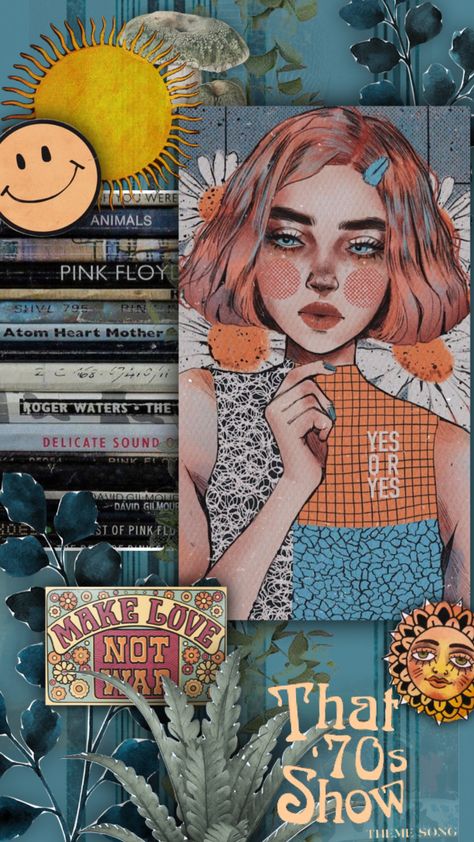 Retro Hippie Wallpaper, Blue Retro Aesthetic, Vintage Hippie Aesthetic, Wallpaper Iphone Girl, Identity Collage, Easy Graffiti, Trippy Iphone Wallpaper, Hippie Quotes, Indie Drawings