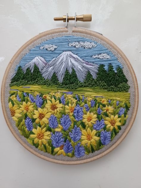 Mountain Scene Embroidery, Embroidered Mountain Scene, Desert Landscape Embroidery, Flower Field Embroidery, Hand Embroidery Mountains, Embroidery Landscape Pattern, Embroider Mountains, Landscape Embroidery Patterns Free, Mountain Embroidery Designs