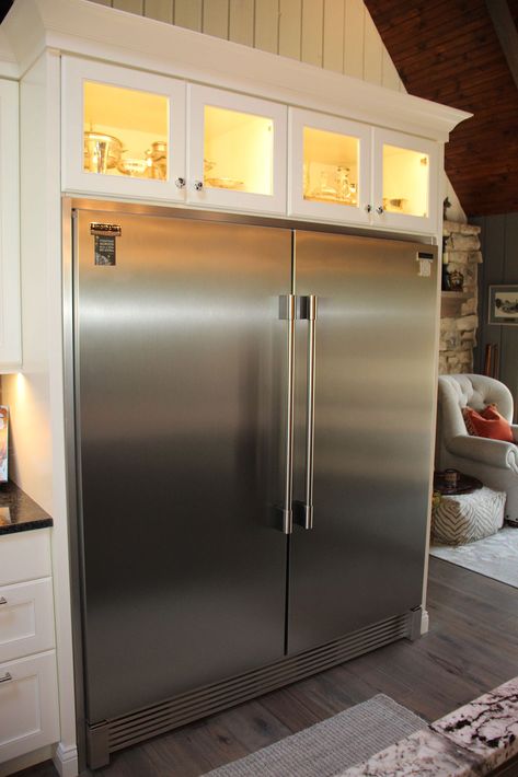 Refrigerator Nook, Double Refrigerators In Kitchen, Refrigerator Cabinet Ideas, Double Fridge Kitchen, Refrigerator Enclosure, Frigidaire Professional Refrigerator, Industrial Fridge, Refrigerator Surround, Hidden Refrigerator