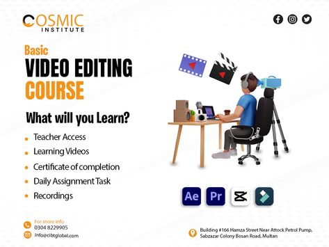 🌟 Want to create amazing videos? Join our 𝐕𝐢𝐝𝐞𝐨 𝐄𝐝𝐢𝐭𝐢𝐧𝐠 𝐂𝐨𝐮𝐫𝐬𝐞 and learn step-by-step from expert trainers. 🎓 Limited slots available...🔥 Don't miss out this opportunity to become a video editing wizard! Join our course today and let your creativity shine! ✨🎥🚀 #VideoEditingCourse #creativepotential #cosmicinstitute #learnfromexperts #LimitedSlotsAvailable #EnrollNow #visualstorytelling #enhanceyourskills Video Editing Course, Education Poster Design, Social Media Branding Design, Media Branding, Certificate Of Completion, Education Poster, Social Media Branding, Logo Concept, Video Editor