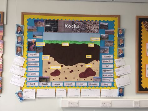 Rocks and soils display #science #rocks #primaryschool Rocks Science Display, Rocks Display Year 3, Rocks Display, Primary School Displays, Primary Classroom Displays, Science Display, Grade 3 Science, Rock Science, Rocks And Fossils