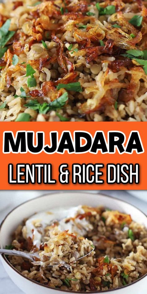 Bowl of rice and lentil dish with seasoning with Pinterest overlay. Rice And Lentils Recipe, Mujadara Recipe, Lebanese Rice, Lentil And Rice, Lentil Recipes Easy, Rice And Lentils, Rice Diet, Lentils Recipe, Lentil Dishes