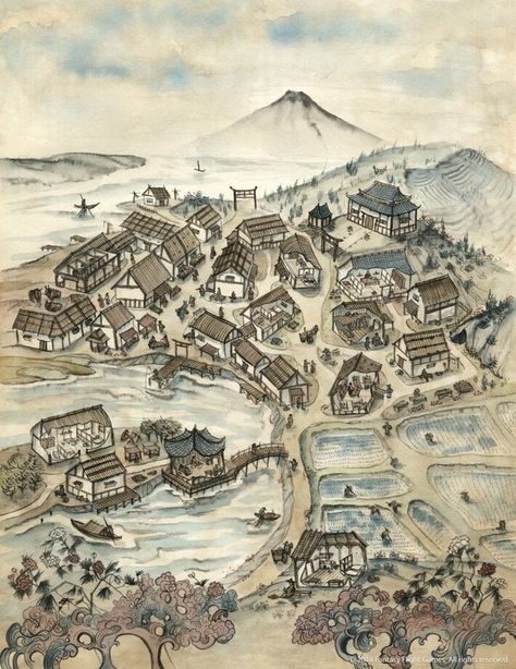 River Village, Legend Of The Five Rings, Village Map, Five Rings, Japanese Village, Fantasy World Map, Watercolour And Ink, Tabletop Rpg Maps, Rpg Map