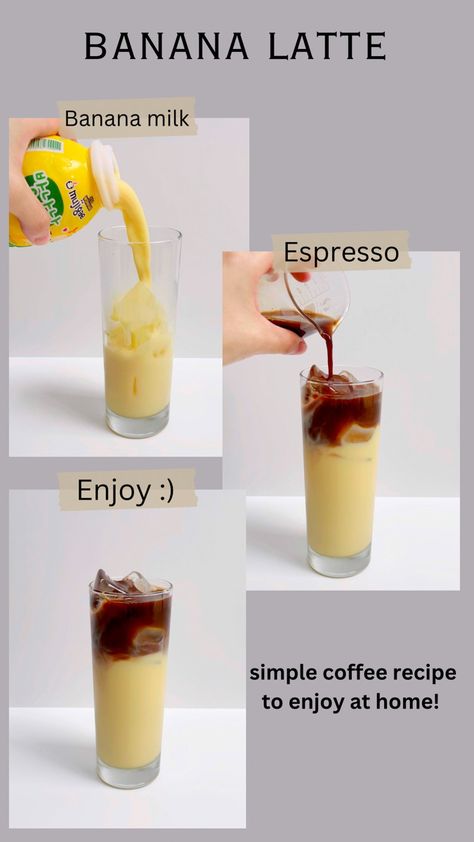 Coffee Banana Milk Latte, Iced Coffee Ideas, Banana Latte, Cold Coffee Drinks Recipes, Resep Koktail, Iced Latte Recipe, Iced Drinks Recipes, Tea Drink Recipes, Cold Coffee Recipes