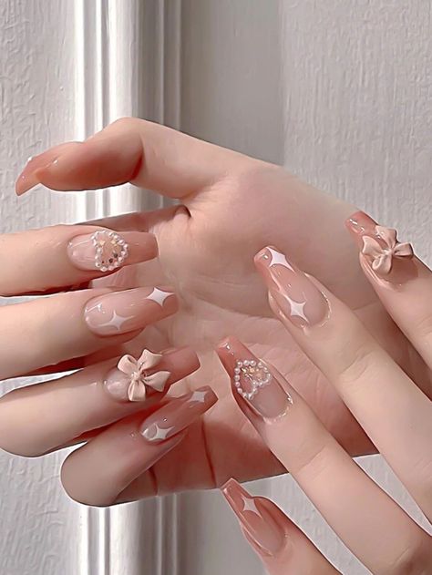 24pcs Long Coffin Gradient Star Pearl 3D Bow Decor Fake Nail False Nails Press Manicure Diy, Fake Nail, Nail Length, Pink Acrylic Nails, Orange Nails, Prom Nails, Cute Nail Designs, Square Nails, Nail Accessories