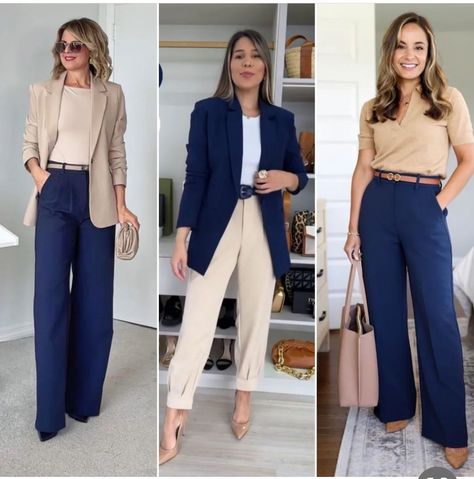 Beige Pants Business Outfit, Navy Professional Outfits Women, Beige And Navy Blue Outfit, Navy And Beige Outfit, Outfit Blazer Azul Marino, Navy Blue Pants Outfit Women, Navy Blazer Outfit Women Work, Beige And Blue Outfit, Blue And Beige Outfit