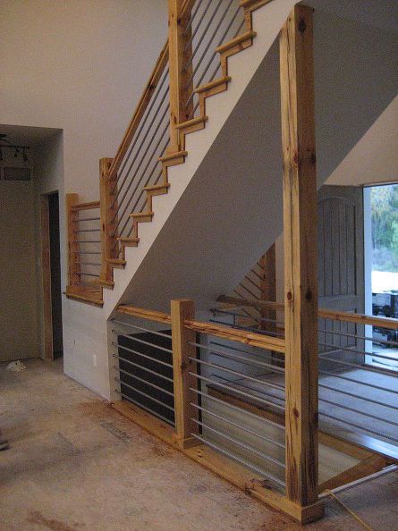 woodworking home cable rail staircase, diy, stairs, woodworking projects Cable Stair Railing, Rustic Stairs, Open Staircase, Staircase Makeover, Staircase Railings, Diy Stairs, Cabin Ideas, House Stairs, Stair Railing