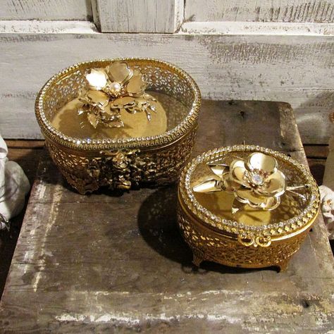 Ormolu Jewelry Casket gold filigree 2 Oval boxes French chic rhinestone embellished hinged trinket display home decor anita spero design Trinket Display, Anita Spero Design, Trinket Holder, Jewelry Casket, Rhinestone Trim, French Chic, Gold Filigree, Vintage Flowers, Decorative Boxes