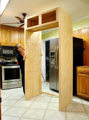 How To Build In Your Fridge With A Cabinet On Top | Young House Love Over Fridge Cabinet Ideas, Fridge Cabinet Surround, Cabinet Over Fridge, Refrigerator Cabinet Surround, Cabinets Around Fridge, Diy Refrigerator Cabinet, Refrigerator Cabinet, Built In Cabinet, Young House