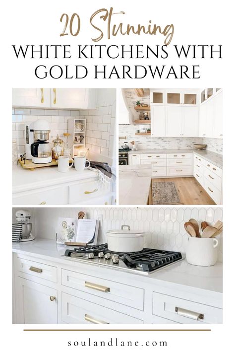 Step into the world of luxe and luminous kitchens with our guide to white cabinetry accented by gold hardware. This glamorous combination brings a touch of elegance and warmth to your cooking space, offering a refined backdrop highlighted by the soft glow of gold. Discover how to balance the brilliance of gold pulls, knobs, and faucets with the pristine beauty of white cabinets for a kitchen that's both inviting and chic. Explore styling tips and design inspirations to achieve a sophisticated ki White Shaker Kitchen With Gold Hardware, White Kitchen Cabinets With Gold Accents, Brass Hardware White Kitchen, All White Kitchen With Gold Hardware, Kitchen Remodel White And Gold, White Cabinet Kitchen Gold Hardware, What Color Faucet With Gold Hardware, Kitchen With Champagne Bronze Hardware, White Cabinets Champagne Hardware