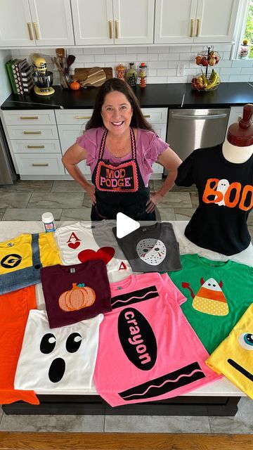 Handmade Happy Hour on Instagram: "10 No Sew & No Cricut Halloween Costume T-shirts to make with Fabric Mod Podge. You can get tees and Fabric Mod Podge at @michaelsstores 🎃  #halloween #halloweencostume #tshirts #halloweentshirt #modpodge #spookyseason #halloweendiy #groupcostume   Halloween I Halloween Costume I DIY Halloween I no sew I Easy Halloween Costume Ideas" Easy Tshirt Halloween Costumes Diy, Crazy Shirt Day Ideas, Diy Halloween Tshirt Ideas, Diy Halloween Shirts For Women, Diy Halloween Shirts For Kids, Diy Halloween Costumes For Teachers, Tshirt Costume Ideas, Cricut Halloween Costume, Cricut Halloween Shirt