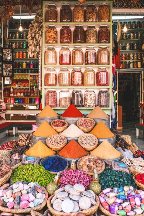 A colorful rack of spices in the souks of Marrakech in Morocco Souk Marrakech, Marrakech Souk, Visit Marrakech, Marrakech Travel, Morocco Travel, Marrakech Morocco, Tangier, What To Buy, Africa Travel