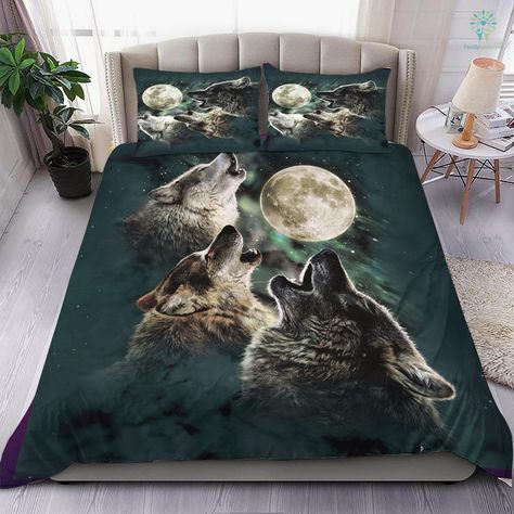 Wolf Howling Bedding Set #BeddingSet #wolf Wolf Bedroom, Howling Wolves, Hotel Bedding Sets, Under Moonlight, Themed Bedroom, Hotel Bed, Quilted Duvet, Bed Sets, Wolf Howling