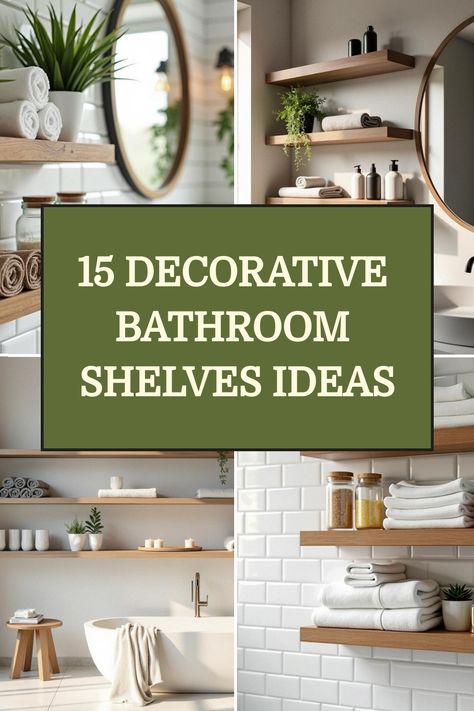 15 Decorative Bathroom Shelves Ideas Modern Bathroom Shelf Decor, Powder Room Shelf Ideas, Double Sink Bathroom Decor, Powder Room Shelf Decor, Staged Bathroom, Powder Room Shelf, Bathroom Shelves Ideas, Trendy Bathroom Decor, Shelves Above Toilet