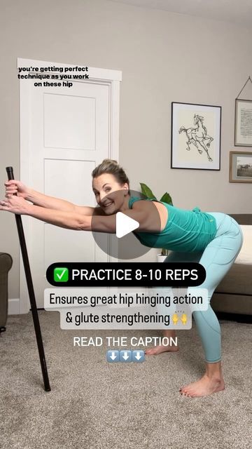 Megan Dahlman on Instagram: "💥The “Hip Hinge”💥 I put the Hip Hinge in the category of MANDATORY EXERCISES FOR EVERYONE OVER 40. Seriously.   👉 Knowing how to properly fold/hinge at your hips and NOT round over at your low back to bend over will really save your bacon anytime you go to pick something up.   Plus, practicing this move over and over again will strengthen your hips/glutes and your core. Making you even more resilient for many years to come. It’s a win-win! 🙌   ➡️ Watch out though!!! When you first practice the hip hinge, your back may want to round over since that could be your default movement pattern (without realizing it). 😬 By using a dowel of some sort like this, it will guide you into proper technique and start training those hips the right way. 👍   Grab a curtain r Hip Hinge Exercise, Hinge Exercises, Mobility Stretching, Exercise Legs, Beginner Exercise, Glute Strengthening, Hip Hinge, Movement Pattern, Hip Stretch