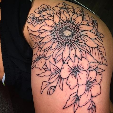 Sunflower Tattoo Thigh, Flower Hip Tattoos, Sunflower Tattoo Sleeve, Sunflower Tattoo Shoulder, Hip Thigh Tattoos, Hip Tattoos Women, Harry Potter Tattoos, Sunflower Tattoos, Wolf Tattoos