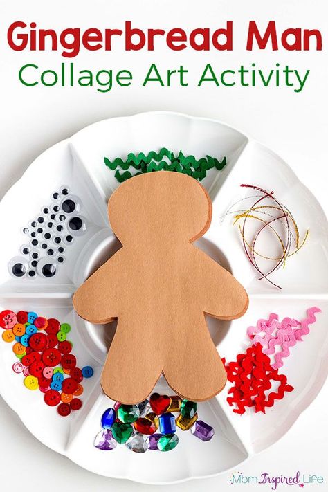 Gingerbread man art activity for kids. A Christmas collage craft for preschoolers. Gingerbread Man Art, Kunst For Barn, Art Activity For Kids, Juleverksted For Barn, Collage Craft, Gingerbread Activities, December Crafts, The Gingerbread Man, Preschool Christmas Crafts