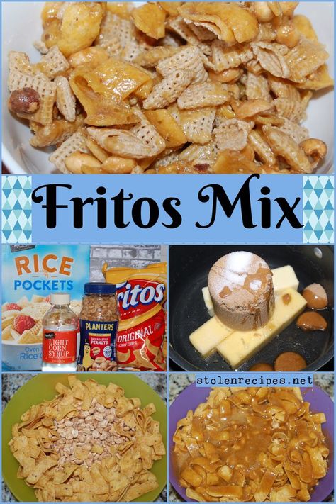 This delicious snack mix makes enough for a crowd. A box of corn Chex, peanuts and Fritos are mixed together and split into two bowls. Then in a saucepan butter is melted with brown sugar, corn syrup and salt. After the mixture boils, baking soda is mixed and poured over the Fritos mixture. Next everything is stirred together to coat all the pieces. Then the mix is spread onto parchment paper lined cookie sheets and baked. Once cooled, this crunchy mix is ready to eat. Chex Recipes, Peanut Snack, Chex Mix Recipe, Corn Chex, Chex Mix Recipes, Cookie Sheets, Snack Mix Recipes, Chex Mix, Corn Chips