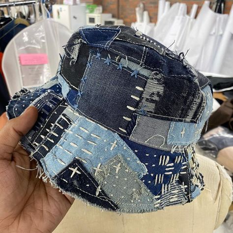 TYLERJEANS on Instagram: “Me n Sean had a whole patchwork/boro stitched capsule we were working on but we dubbed it. 🤷🏽‍♂️ Here some pics of the bucket tho lol…” Bucket Hat Custom, Upcycled Bucket Hat, Jean Bucket Hat Outfit, Denim Customization, Bucket Hat Ideas, Streetwear Patchwork, Jean Bucket Hat, Recycled Outfit, Patchwork Hat