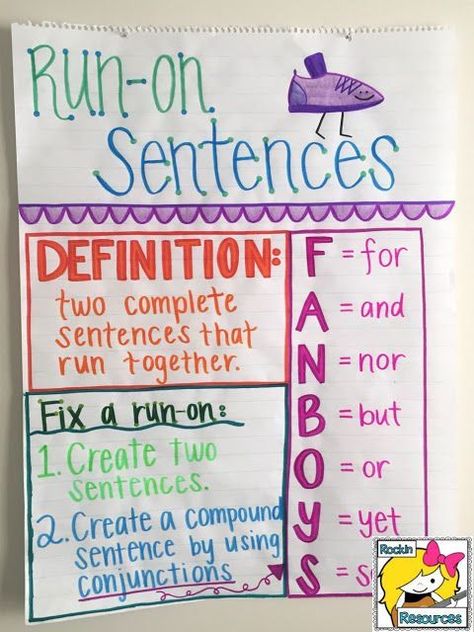 Use this anchor chart to teach run-on sentences and how to fix them using FANBOYS.  Click to find examples and lesson plan for run-on sentences! Sentence Anchor Chart, Ela Anchor Charts, Run On, Writing Mini Lessons, Run On Sentences, 5th Grade Writing, 3rd Grade Writing, 2nd Grade Writing, Classroom Anchor Charts