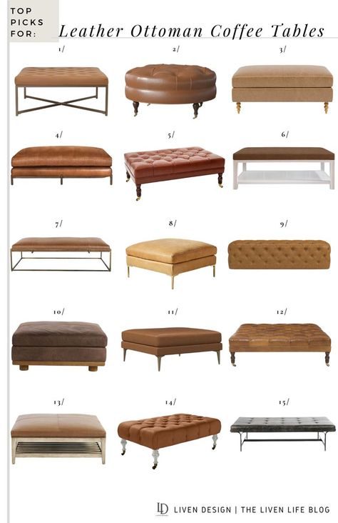 Square Leather Ottoman Coffee Tables, Leather Ottoman Coffee Table Tufted, Coffee Table Leather Top, Brown Leather Coffee Table Ottoman, Brown Leather Coffee Table, Wood And Leather Coffee Table, Leather Ottoman As Coffee Table, Oversized Leather Ottoman, Living Room With Leather Ottoman