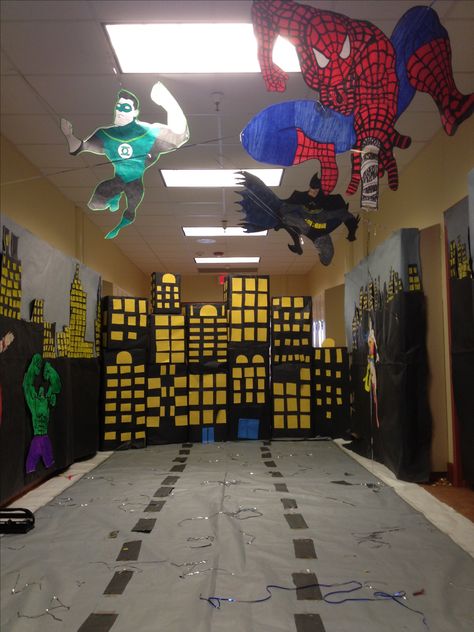 Hopi High School Homecoming 2013 hallway decoration contest! Thankfulness Activities, Homecoming Hallways, Superhero School Theme, Hero Central Vbs, Festa Power Rangers, Superhero Vbs, Superhero School, Rally Idea, Homecoming Themes