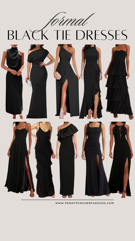 Black Tie Black Dress Options Elegant Black Dress For Wedding Guest, Black Tie Wedding Guest Dress Summer Formal, Black Tie Bridesmaid Dresses Summer, All Black Outfit For Wedding Guest, Elegant Outfit For Party, Black Tie Gala Outfit, Black Tie Wedding Party Attire, All Black Formal Wedding, Black Tie Dinner Outfit Women