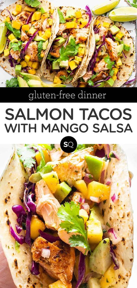 Summer Family Recipes Dinner, Salmon Mango Tacos, Salmon Taco Recipe, Salmon Street Tacos, Salmon Gluten Free Recipes, Summer Dinner Recipes Salmon, Salmon Taco Recipes, Summer Light Dinner Ideas, Salmon Tacos With Mango Salsa