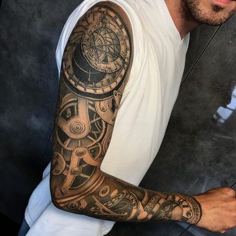 Mechanical Sleeve Tattoo, Family Sleeve Tattoo, Gear Tattoo, Sleeve Tattoos For Men, Mechanic Tattoo, Skull Sleeve Tattoos, Gorgeous Tattoos, Disney Tattoo, Arm Sleeve Tattoos