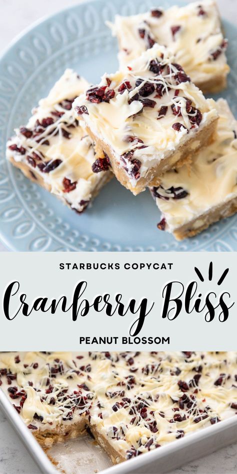 These white chocolate cranberry cookie bars are the perfect copycat for Starbuck's Cranberry Bliss Bars. This easy holiday treat is great to bring to a Thanksgiving or Christmas potluck party! Cranberry Cookie Bars, Christmas Potluck Party, Cranberry Christmas Cookies, Cranberry Bliss Bars Recipe, Cranberry Treats, Dried Cranberries Recipes, Cranberry Cookie, Holiday Baking Gifts, Sweet Chex