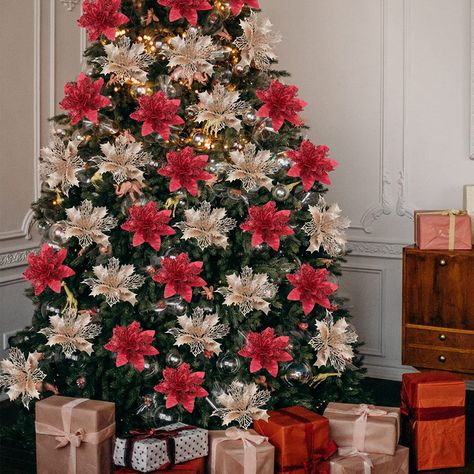 Amazon.com: Serwalin 20Pcs Christmas Tree Flowers Rose Gold Poinsettia 5.5/ 6.3 Inch Christmas Tree Ornament, Xmas Garland Decoration Red Artificial Flowers for Christmas Tree, Outdoor Party Flowers : Home & Kitchen Christmas Trees Decorated With Poinsettias, Flowers For Christmas Tree, Christmas Tree Outdoor, Flowers For Christmas, Christmas Tree Poinsettia, Xmas Garland, Christmas Tree Flowers, Garland Decoration, Tree Flowers