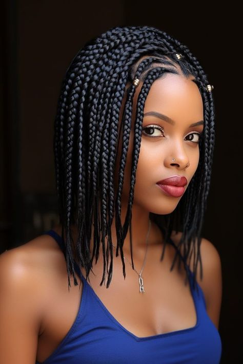 70 Best Box Braids Hairstyles for Every Occasion Chunky Box Braids, Bob Length, Braids Bob, Cornrows With Box Braids, Box Braids Bob, Twist Box Braids, Κούρεμα Bob, Braids With Shaved Sides, Unique Braids