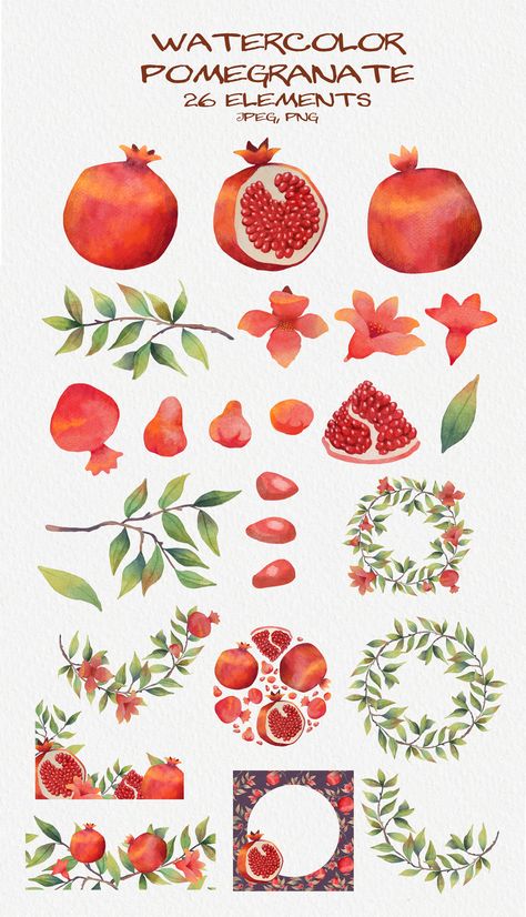 Watercolor Pomegranate Tutorial, Watercolour Pomegranate, Pomegranates Aesthetic, Pomegranate Flower Tattoo, Pomegranate Theme, Watercolor Frame Border, Pomegranate Illustration, Pomegranate Drawing, Pomegranate Watercolor