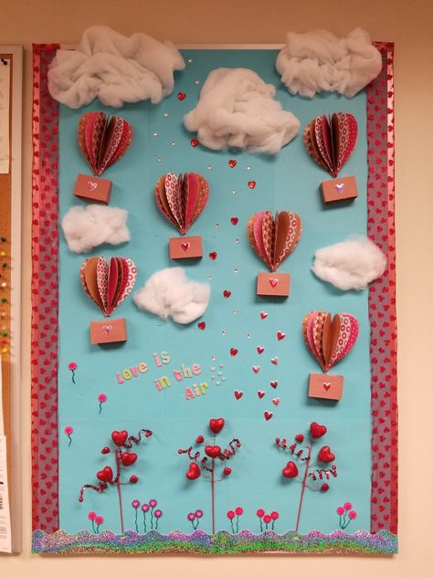 Valentine’s Day Bulletin Board Elementary School, Valentines Classroom Bulletin Boards, Valentine Bulletin Board Ideas For Work, Love Is In The Air Bulletin Board, Valentines Classroom Decor, Valentines Day Bulletin Board Preschool, Valentines Boards Bulletin, February Door Decorations Classroom, Love Bulletin Board Ideas