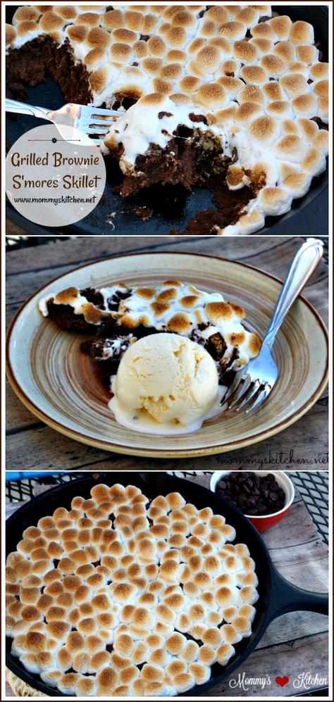 Mommy's Kitchen : Grilled Brownie S'mores Skillet (Dessert on the Grill) Desert On The Grill, S’mores On The Grill, Smores Dessert Grill, Flat Top Grill Desserts, Baking On The Grill, Grilled Desserts Easy, Dessert On The Blackstone, Blackstone Dessert Ideas, Black Stone Dessert Recipes