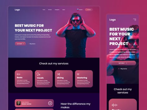 Recording Studio - Landing Page Design (Mobile & Web) by Md Rasel Al Mamun 🚀 Music Landing Page Design, Music Landing Page, Sound Studio Design, Mobile Landing Page, Mobile Website Design, Music Recording Studio, App Promotion, Footer Design, Podcast Studio