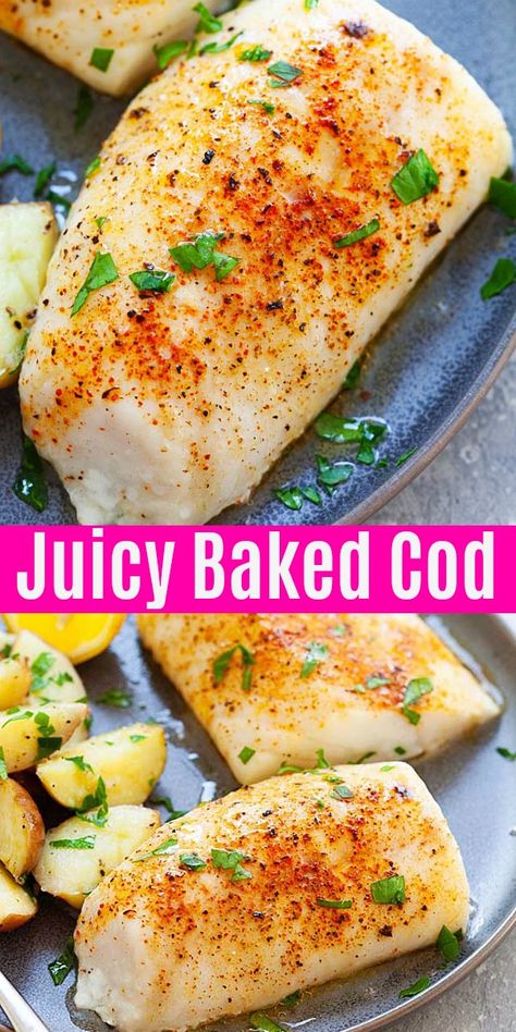 Baked Cod (Extra Juicy!) - Cod Recipes - Rasa Malaysia Cod Fish Recipes Baked With Old Bay, Cod Oven Recipes, Baked Cod Loin Recipes Oven, Alaska Cod Fillet Recipe, Seasoning For Cod Fillets, Recipes With Cod Fillets, Broiled Cod Recipes, Alaskan Cod Fillet Recipes, Cooking Cod Fillets