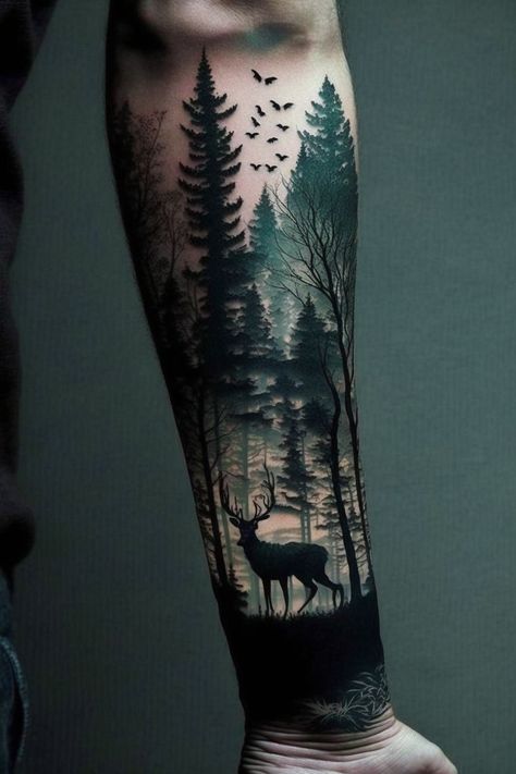 Small Country Tattoos, Country Tattoos For Guys, Tattoo Ideas For Men Forearm, Forest Tattoo Sleeve, Wilderness Tattoo, Elk Tattoo, Tree Sleeve Tattoo, Wood Tattoo, Tree Tattoo Men