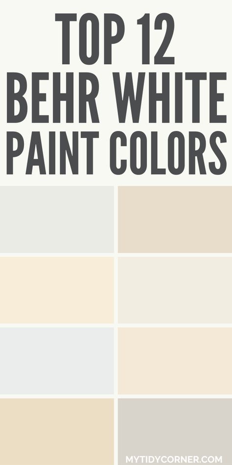 Collage of the top white paint colors Behr. Country White Paint Color, Behr White Veil Paint, Creamy Warm White Paint Colors Behr, White Paint Bathroom Walls, Behr Palais White Living Rooms, Behr Paint Colors White, Best White Paint For Walls 2024, Best Behr Whites For Walls, Popular Behr White Paint Colors