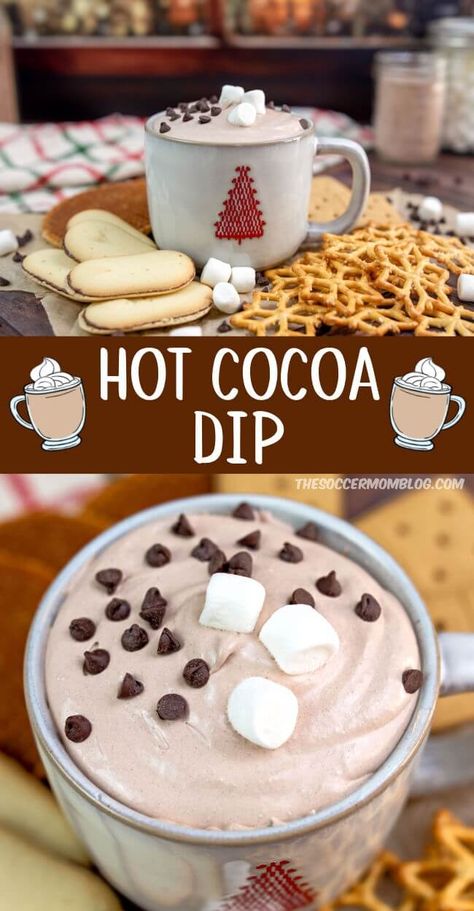 This 3-ingredient hot chocolate dip is light and fluffy and packed white chocolate and marshmallow flavor, just like a cup of cocoa! Breakfast Dip Recipes, Hot Cocoa Dip Recipe, Hot Chocolate For A Crowd, Hot Chocolate Dip Recipe, Hot Cocoa Dip, Hot Chocolate Dip, Cocoa Dip, Chocolate Dip Recipe, Hot Cocoa Party