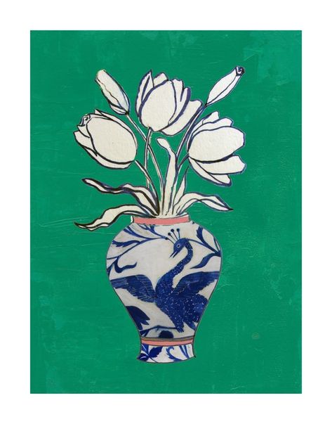 Flowers in a blue and white vase set on a kelly green background. Ruti Shaashua, Kunst Inspo, Motifs Textiles, Flowers In Vase, Artfully Walls, Artist Wall, Plakat Design, Painting Floral, Arte Inspo