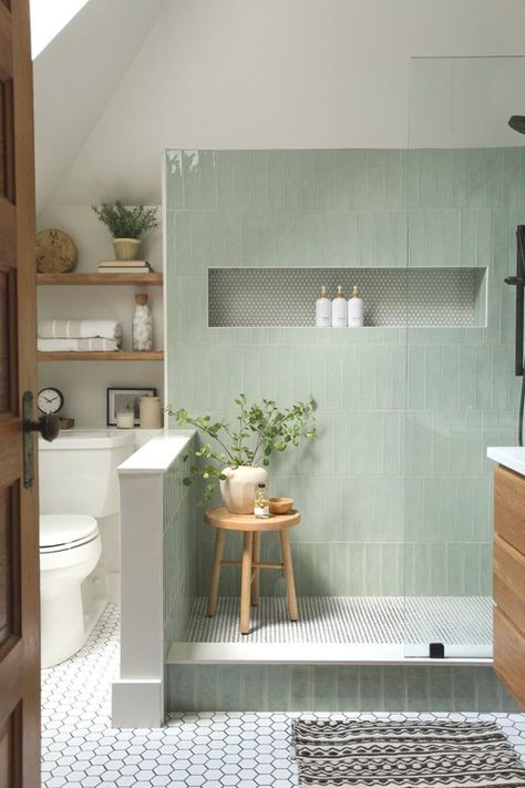 Organic-Scandinavian Bathroom Remodel — KINDRED HOMESTEAD Bathrooms With A Pop Of Color, Bathroom With Pop Of Color, Pastel Green Bathroom, Colorful Kids Bathroom, Camp Bathroom, Scandanavian Interiors, Green Tile Bathroom, Toilet Room Decor, Scandinavian Bathroom