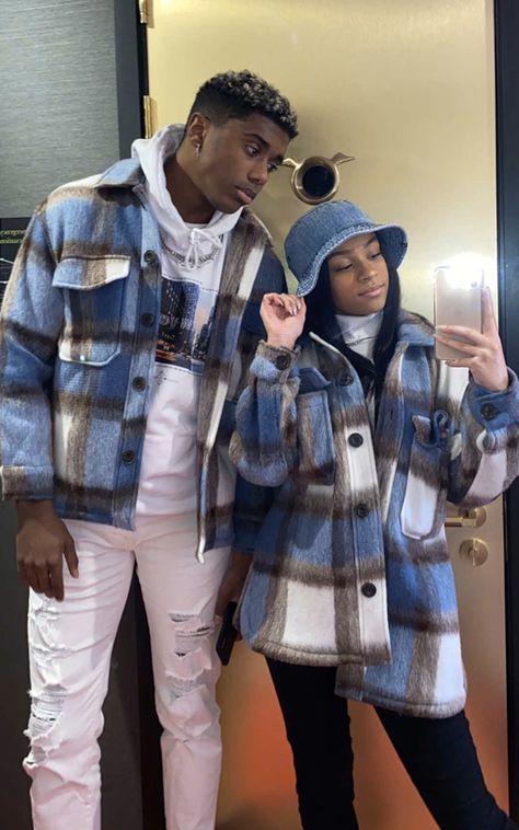 Cute Matching Outfits For Couples Fall, Matching Flannels For Couples Fall, Plaid Couples Outfits, Black Couples Fall Outfits, Coordinate Outfits For Couples, Matching Couple Winter Outfits, Black Couple Winter Outfits, Flannel Couple Outfits, Matching Flannels For Couples