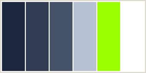 This color palette contains the following web hex color codes: #1C263C, #313C53, #455268, #B6C0D2, #9CFF00, #FFFFFF. The colors from this colour combination are described by the following tags: BLUE, BLUE, BLUE, BLUE, CHARTREUSE, FIORD, GREEN YELLOW, HEATHER, LIME, LIME GREEN, MIDNIGHT BLUE, MIRAGE, PICKLED BLUEWOOD, WHITE. Iridescent Summer, Green Color Combinations, Color Coordination, Chartreuse Color, Black Color Combination, Web Colors, Color Palette Yellow, Color Board, Green Color Schemes