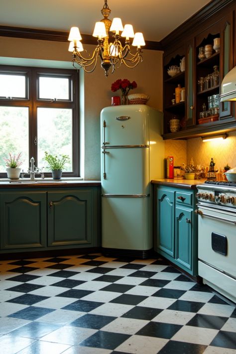 Step back in time with this stunning retro 1950s kitchen featuring a classic checkerboard floor. The perfect blend of Gothic elements adds a unique twist to a nostalgic design, creating a warm and inviting space that feels both timeless and spirited. Discover ideas for color palettes, vintage appliances, and decor that capture the charm of the '50s while infusing a touch of dark elegance! Checker Board Floors In Kitchen, Vintage Inspired Appliances, Kitchens With Checkered Floors, Retro Kitchens Vintage, Classic Vintage Kitchen, Vintage Style Kitchen Cabinets, Checked Kitchen Floor, 1950 Kitchen Ideas, 1958 Kitchen