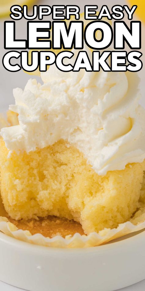 Lemon cupcakes are a delightful treat that combines the tangy sweetness of lemon with the moist and fluffy texture of cupcakes. Making this delicious homemade lemon cupcake recipe is easy and the recipe only has a few simple ingredients. You can easily whip up a batch of these easy lemon cupcakes that your family and friends will love. My personal favorite is topping them with homemade lemon buttercream frosting. Lemon Filled Cupcakes Easy, Easy Lemon Cupcake Recipe, Healthy Lemon Cupcakes, Lemon Cupcakes From Box Cake, Lemon Cupcake Recipe Easy, Lemon Cupcakes From Scratch, Filled Cupcakes Easy, Lemon Filled Cupcakes, Easy Lemon Cupcakes