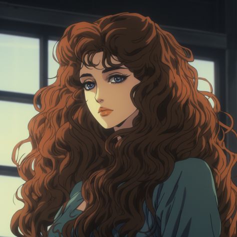 1980s anime screenshot, a beautiful woman with long curly hair Curly Hair Female Character Art, Drawing Long Wavy Hair, How To Render Curly Hair, Puffy Hair Drawing, Wavy Anime Hair, Long Curly Hair Drawing, Curly Hair Art Reference, Curly Anime Hair, Curly Hair Anime Pfp