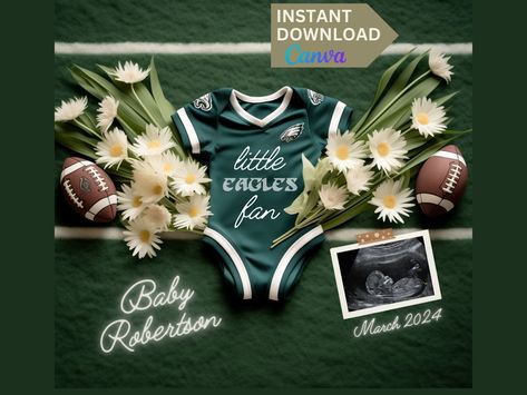 Football Baby Announcement, Football Pregnancy Announcement, Philadelphia Eagles Baby, Ultrasound Announcement, Social Media Baby Announcement, Pregnancy Announcement Social Media, Fall Baby Announcement, Daisy Decorations, Pregnancy Announcement Template